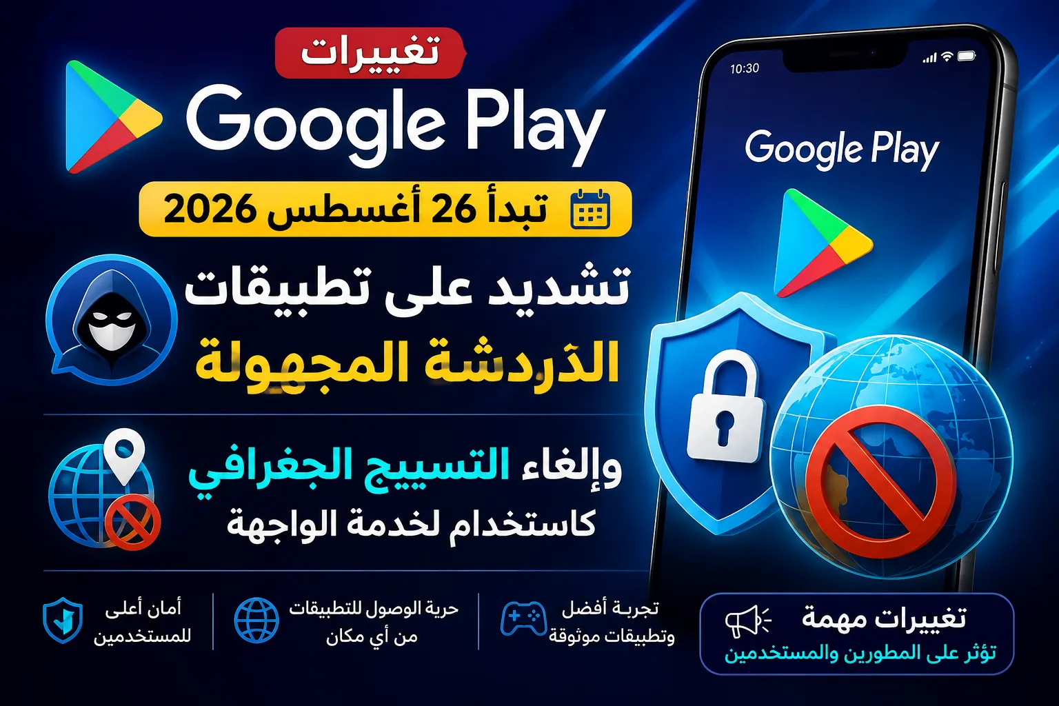شاشة توضح سياسات Google Play الجديدة لعام 2026 والتغييرات على الدردشة المجهولة والتسييج الجغرافي
