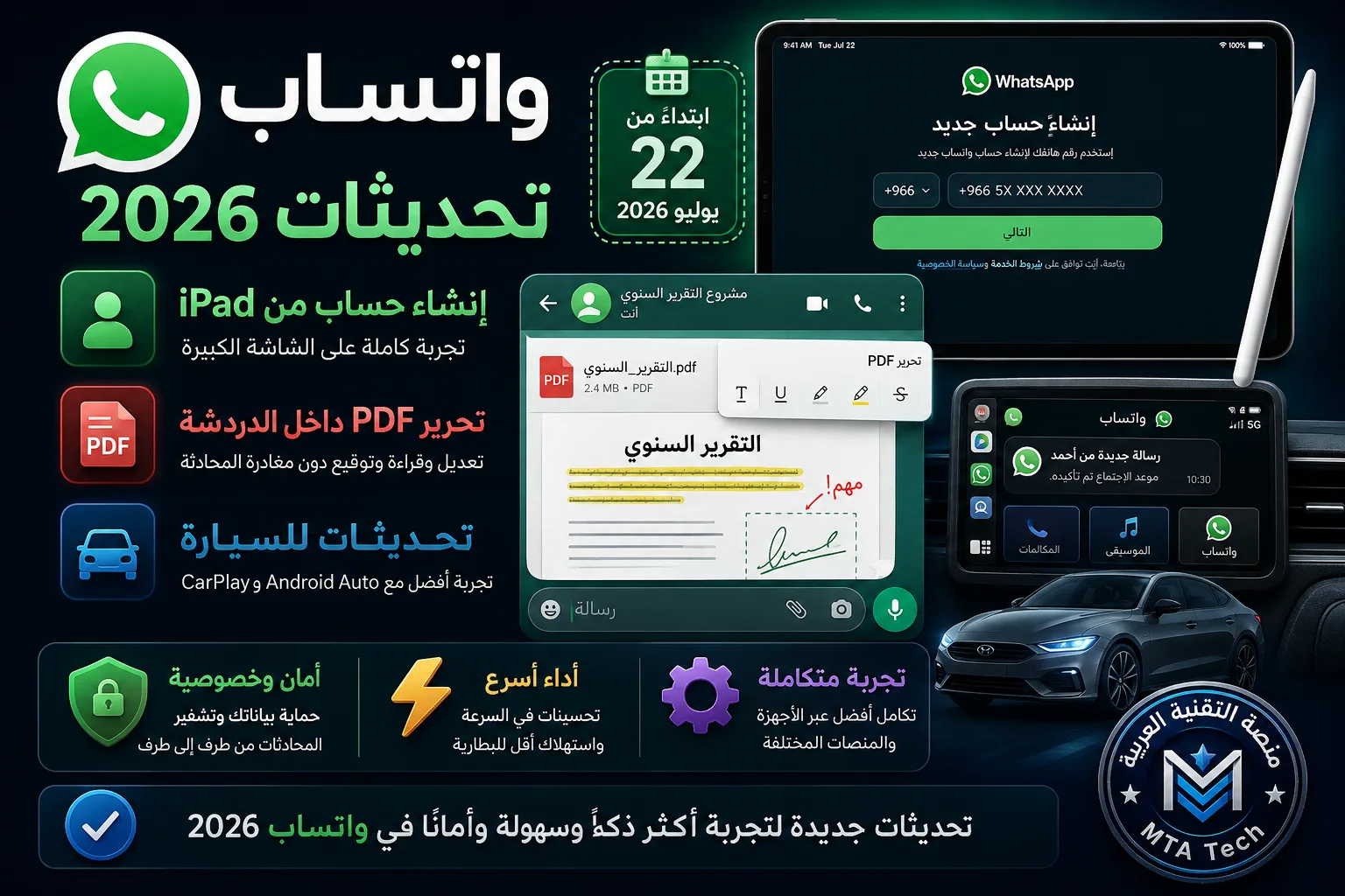 واجهة واتساب على iPad مع أدوات PDF وتكامل CarPlay/Android Auto