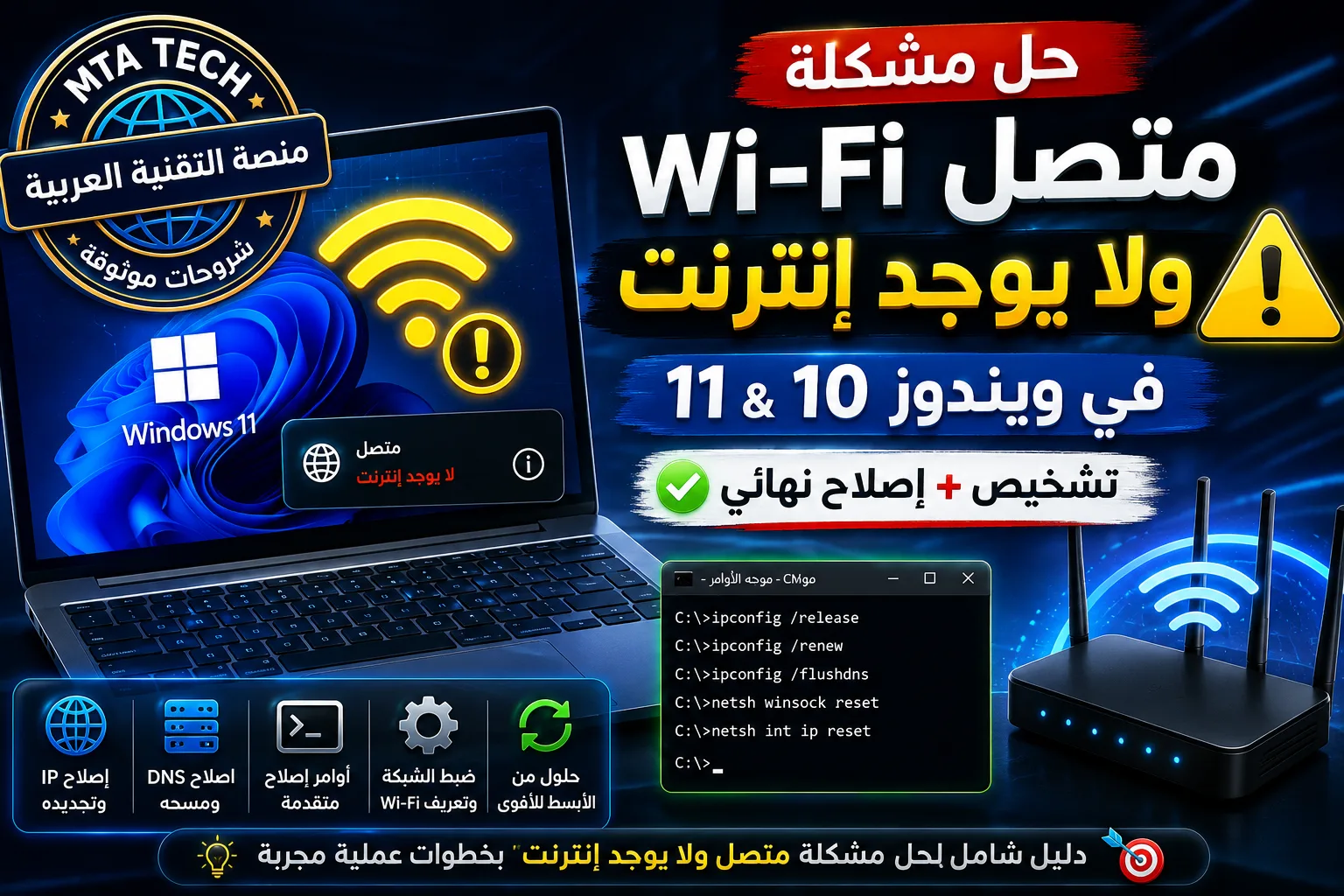 حل مشكلة الواي فاي متصل ولا يوجد إنترنت في ويندوز 11 و10