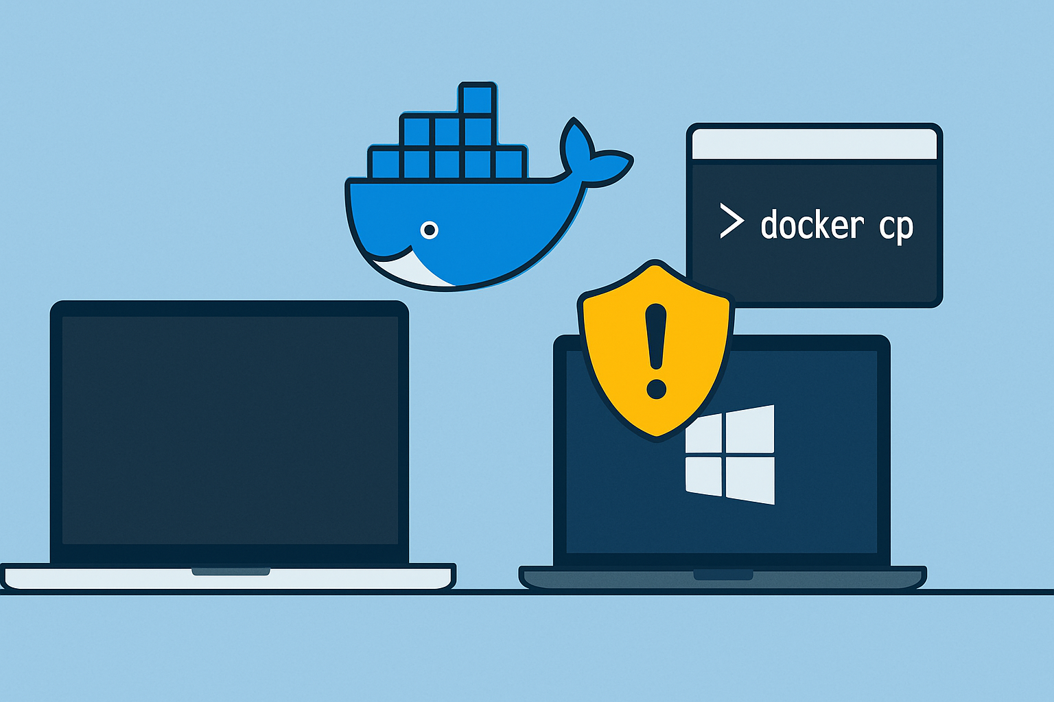 توضيح لتحديث أمني في Docker Desktop يسد ثغرة في أمر docker cp مع تحذير أمني على شاشة حاسوب