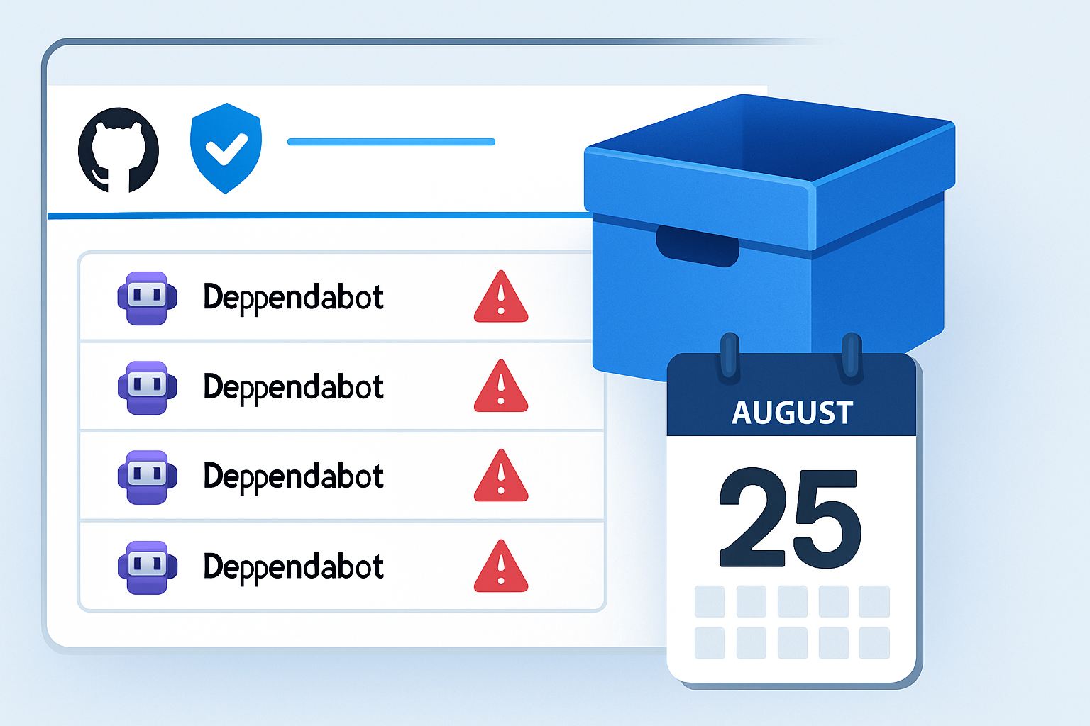 لوحة أمان في GitHub تُظهر تنبيهات Dependabot مع شارة أرشفة وتقويم يحدد 25 أغسطس 2026